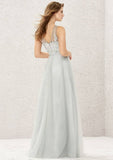 A-Line Tulle And Satin Bridesmaid Dress, Floor-Length, Illusion Neck, Sleeveless, Decorated With Beading And Appliqued BM bride