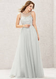 A-Line Tulle And Satin Bridesmaid Dress, Floor-Length, Illusion Neck, Sleeveless, Decorated With Beading And Appliqued BM bride