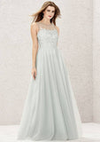 A-Line Tulle And Satin Bridesmaid Dress, Floor-Length, Illusion Neck, Sleeveless, Decorated With Beading And Appliqued BM bride