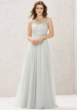 A-Line Tulle And Satin Bridesmaid Dress, Floor-Length, Illusion Neck, Sleeveless, Decorated With Beading And Appliqued BM bride