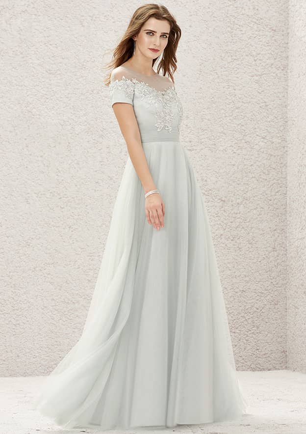 Long/Floor-Length Tulle Satin Bridesmaid Dress, Princess A-Line Cut, Illusion Neck, Short Sleeve, With Appliqued BM bride