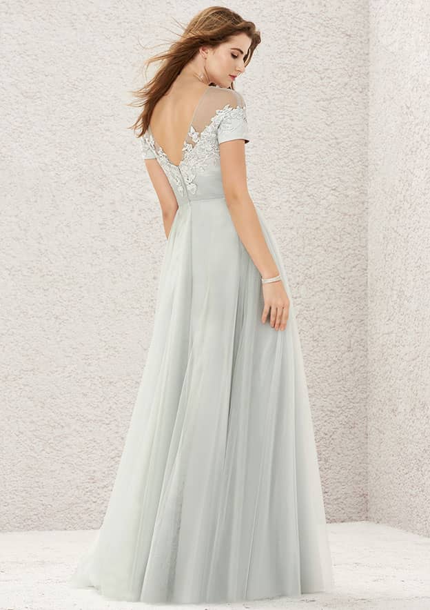 Long/Floor-Length Tulle Satin Bridesmaid Dress, Princess A-Line Cut, Illusion Neck, Short Sleeve, With Appliqued BM bride