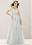 Long/Floor-Length Tulle Satin Bridesmaid Dress, Princess A-Line Cut, Illusion Neck, Short Sleeve, With Appliqued BM bride