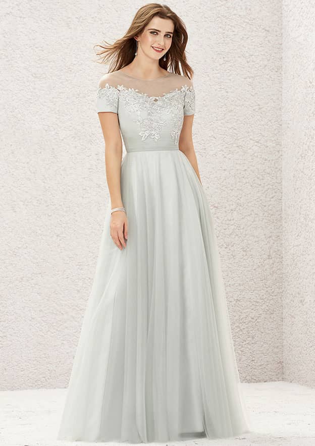 Long/Floor-Length Tulle Satin Bridesmaid Dress, Princess A-Line Cut, Illusion Neck, Short Sleeve, With Appliqued BM bride