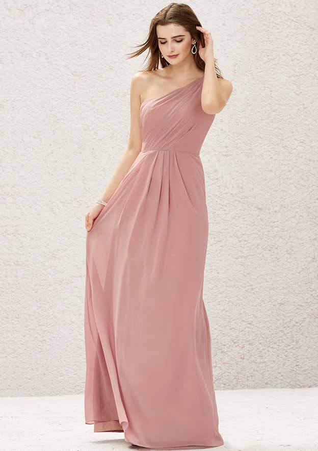 Long/Floor-Length Chiffon Bridesmaid Dress, A-Line Cut, One-Shoulder, Sleeveless, With Pleating BM bride