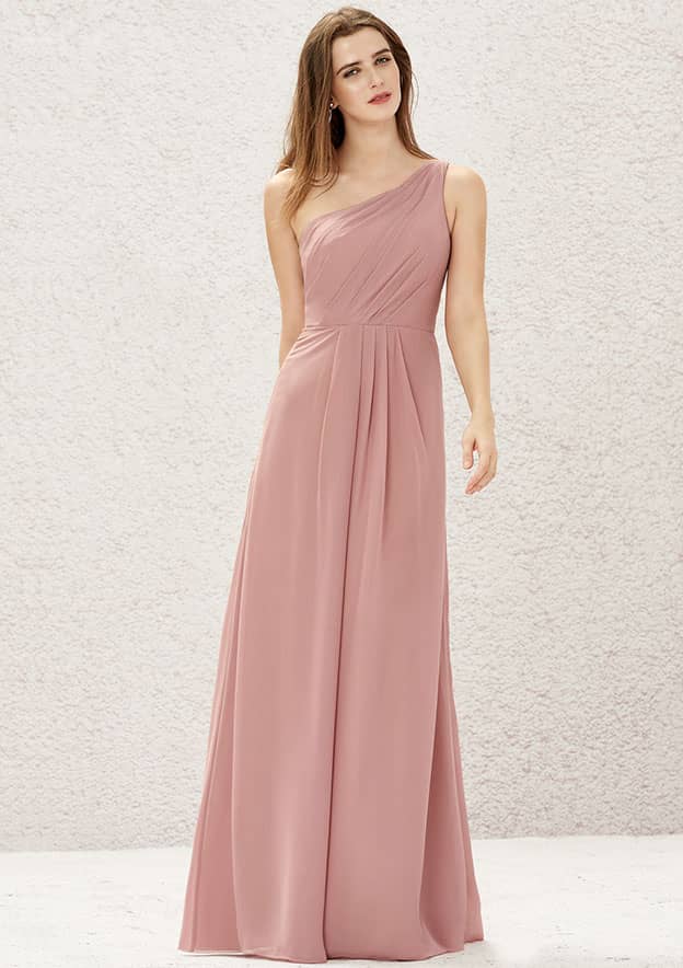 Long/Floor-Length Chiffon Bridesmaid Dress, A-Line Cut, One-Shoulder, Sleeveless, With Pleating BM bride