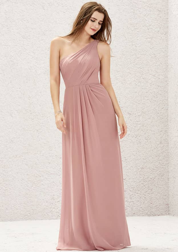 Long/Floor-Length Chiffon Bridesmaid Dress, A-Line Cut, One-Shoulder, Sleeveless, With Pleating BM bride