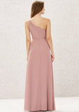 Long/Floor-Length Chiffon Bridesmaid Dress, A-Line Cut, One-Shoulder, Sleeveless, With Pleating BM bride