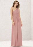 Long/Floor-Length Chiffon Bridesmaid Dress, A-Line Cut, One-Shoulder, Sleeveless, With Pleating BM bride