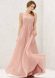 Long/Floor-Length Chiffon Bridesmaid Dress, A-Line Cut, V-Neck, Sleeveless, With Pleating BM bride