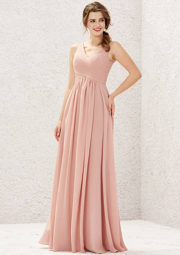 Long/Floor-Length Chiffon Bridesmaid Dress, A-Line Cut, V-Neck, Sleeveless, With Pleating BM bride