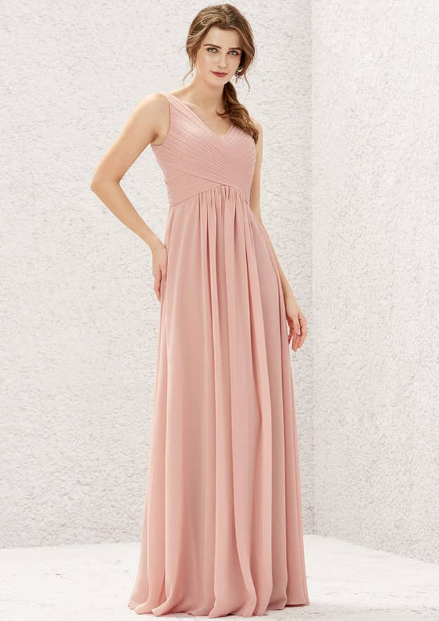 Long/Floor-Length Chiffon Bridesmaid Dress, A-Line Cut, V-Neck, Sleeveless, With Pleating BM bride