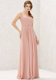 Long/Floor-Length Chiffon Bridesmaid Dress, A-Line Cut, V-Neck, Sleeveless, With Pleating BM bride