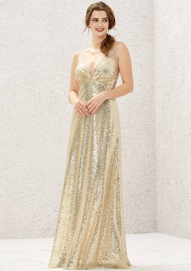 Long/Floor-Length Sequined Bridesmaid Dress, A-Line Empire Cut, V-Neck, Sleeveless BM bride