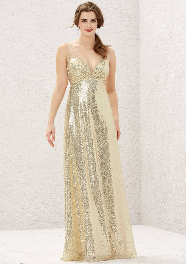 Long/Floor-Length Sequined Bridesmaid Dress, A-Line Empire Cut, V-Neck, Sleeveless BM bride