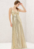 Long/Floor-Length Sequined Bridesmaid Dress, A-Line Empire Cut, V-Neck, Sleeveless BM bride