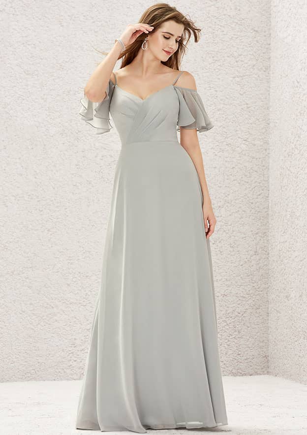 A-Line Sweetheart Floor-Length Short Sleeve Chiffon Bridesmaid Dress With Pleats