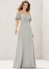 A-Line Sweetheart Floor-Length Short Sleeve Chiffon Bridesmaid Dress With Pleats