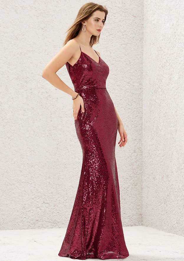 Long/Floor-Length Sequined Bridesmaid Dress, Sheath/Column Cut, Sweetheart Neckline, Sleeveless, With Pleating BM bride