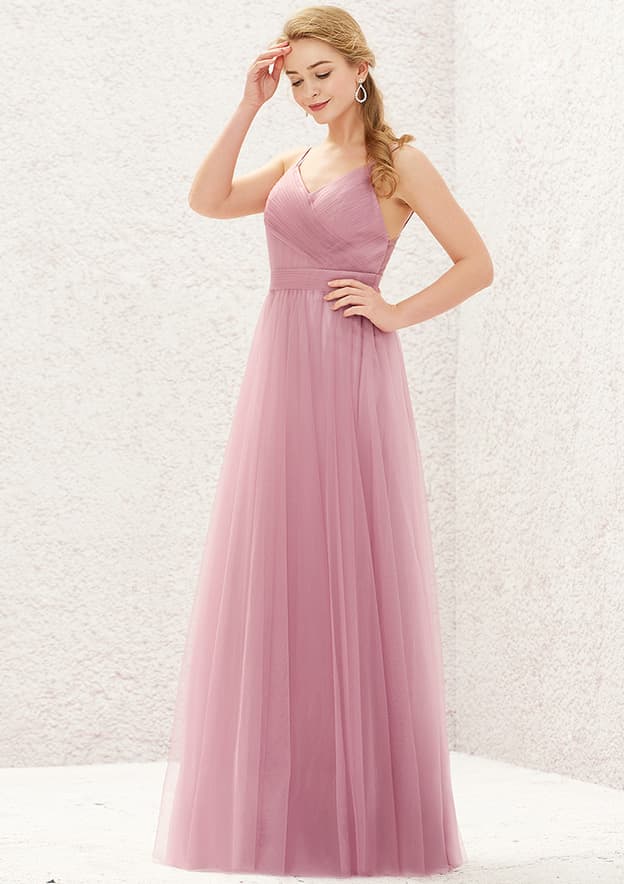 Long/Floor-Length Tulle Bridesmaid Dress, Princess A-Line Cut, Sweetheart Neckline, Sleeveless, With Pleating BM bride