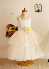 Tea-Length Lace Dress with Stylish Bowknot - A-line/Princess Scoop Neck Flower Girl Dress