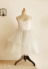 Tea-Length Lace Dress with Stylish Bowknot - A-line/Princess Scoop Neck Flower Girl Dress