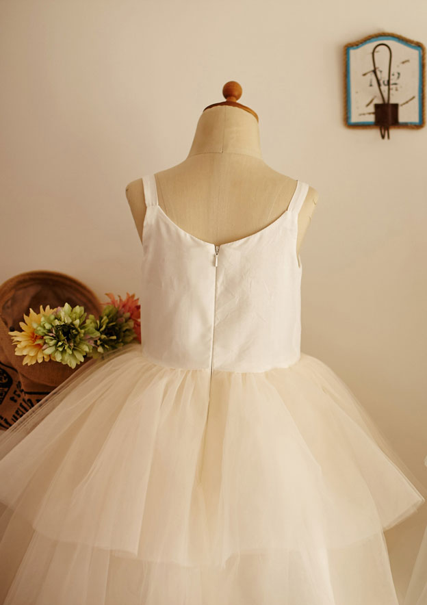 Tea-Length Lace Dress with Stylish Bowknot - A-line/Princess Scoop Neck Flower Girl Dress