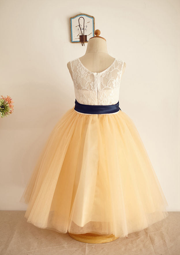 Knee-Length Taffeta Dress with Short Sleeves - A-line/Princess Scoop Neck Flower Girl Dress