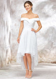 Charming Off-the-Shoulder Sleeveless Asymmetrical Lace Wedding Dress in A-Line/Princess Fit BM bride