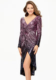 Sleek Sheath/Column V-Neck Long Sleeve Sequined Asymmetrical Prom Dress With Pleats BM bride