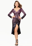 Sleek Sheath/Column V-Neck Long Sleeve Sequined Asymmetrical Prom Dress With Pleats BM bride