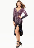 Sleek Sheath/Column V-Neck Long Sleeve Sequined Asymmetrical Prom Dress With Pleats BM bride