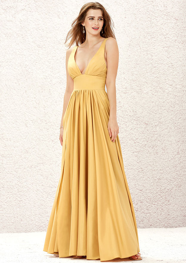 V-Neck A-Line Floor-Length Charmeuse Bridesmaid Dress, Sleeveless With Split BM bride