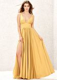 V-Neck A-Line Floor-Length Charmeuse Bridesmaid Dress, Sleeveless With Split BM bride