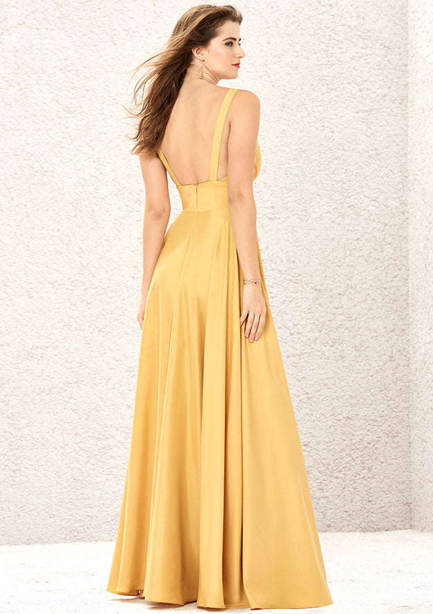 V-Neck A-Line Floor-Length Charmeuse Bridesmaid Dress, Sleeveless With Split BM bride