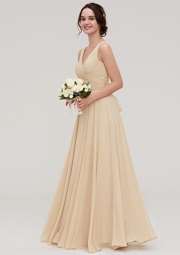 A-Line Floor-Length Sleeveless Chiffon Bridesmaid Dress, V-Neck With Sashes And Pleats