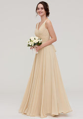 A-Line Floor-Length Sleeveless Chiffon Bridesmaid Dress, V-Neck With Sashes And Pleats