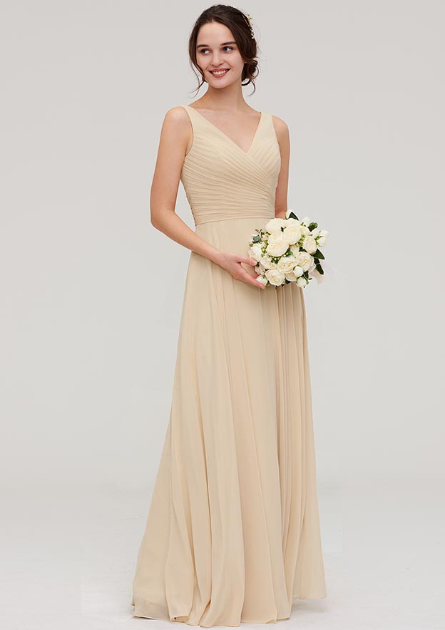 A-Line Floor-Length Sleeveless Chiffon Bridesmaid Dress, V-Neck With Sashes And Pleats