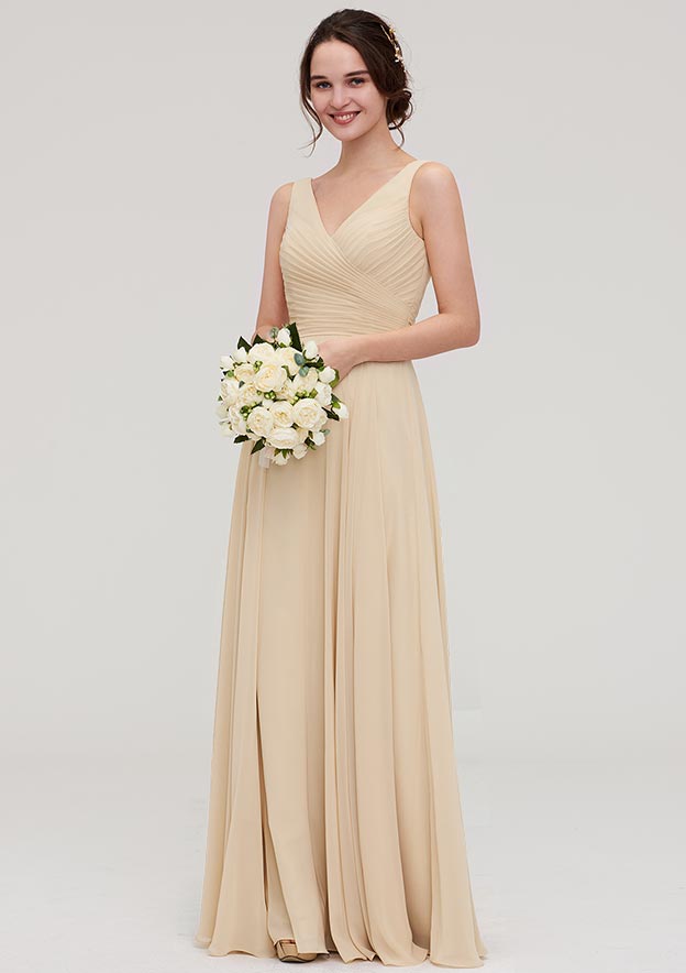 A-Line Floor-Length Sleeveless Chiffon Bridesmaid Dress, V-Neck With Sashes And Pleats