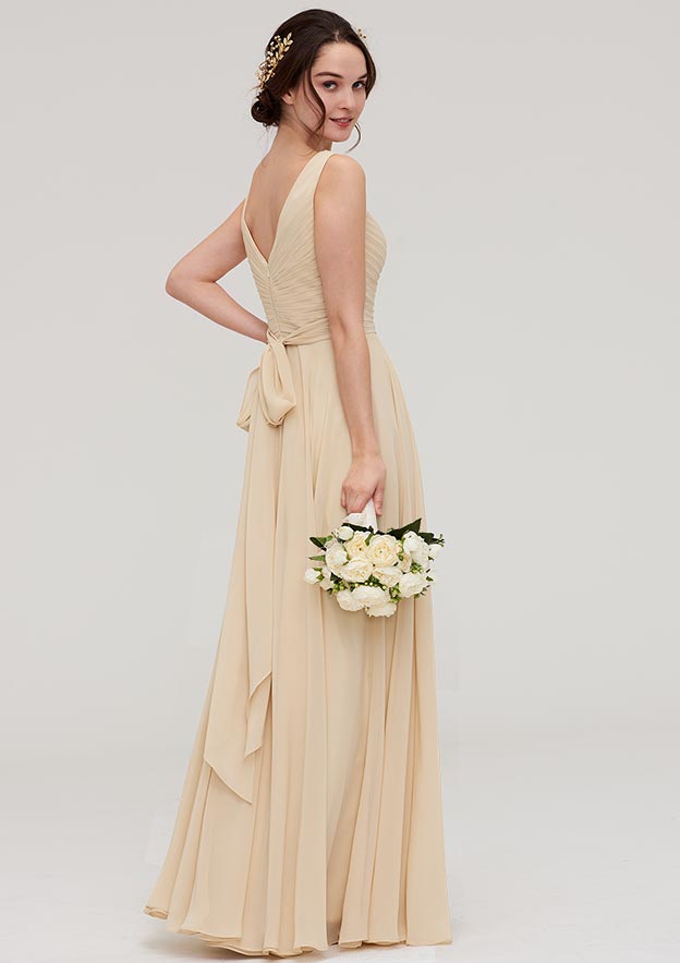 A-Line Floor-Length Sleeveless Chiffon Bridesmaid Dress, V-Neck With Sashes And Pleats