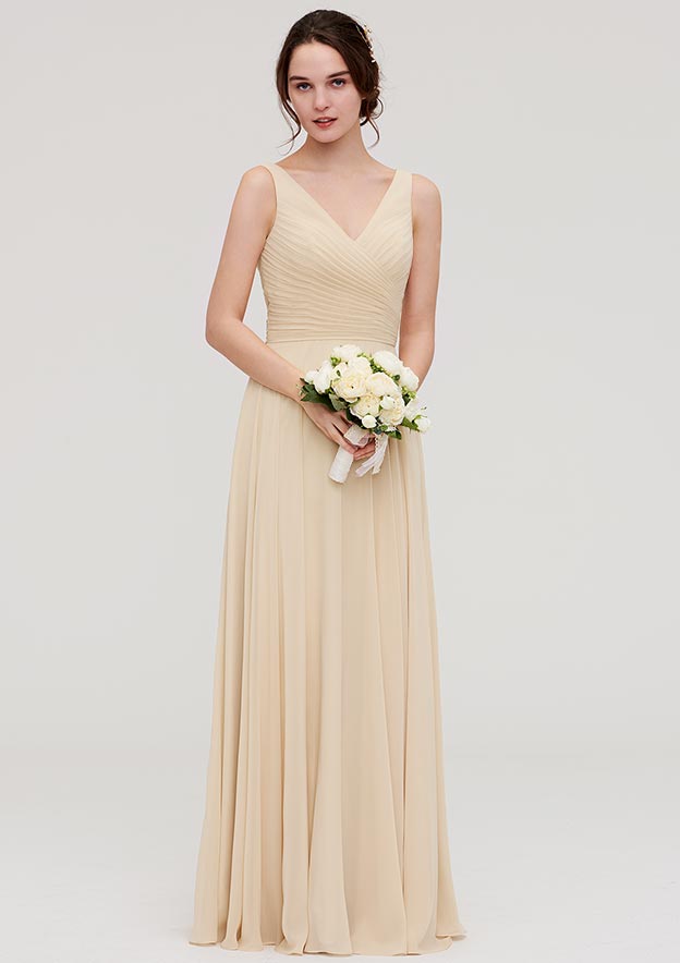 A-Line Floor-Length Sleeveless Chiffon Bridesmaid Dress, V-Neck With Sashes And Pleats