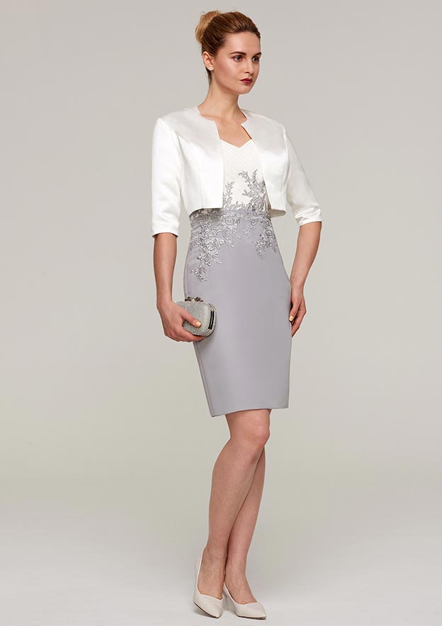 Knee-Length Chiffon Mother of the Bride Dress with Jacket Appliqued, Short Sleeve V Neck Sheath/Column BM bride