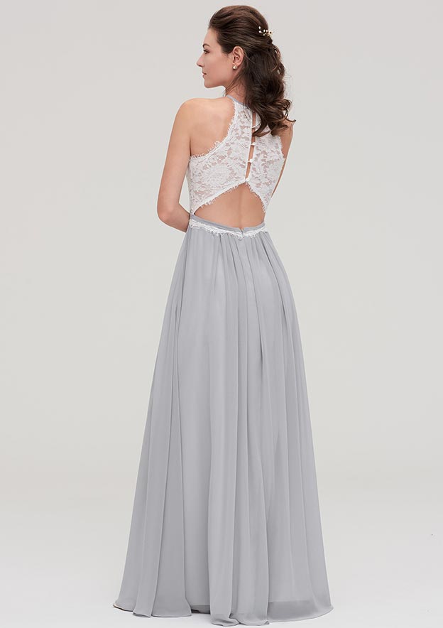 Floor-Length Chiffon Bridesmaid Dress, A-Line/Princess Cut, Scoop Neck, Sleeveless, With Lace Design BM bride