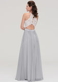 Floor-Length Chiffon Bridesmaid Dress, A-Line/Princess Cut, Scoop Neck, Sleeveless, With Lace Design BM bride