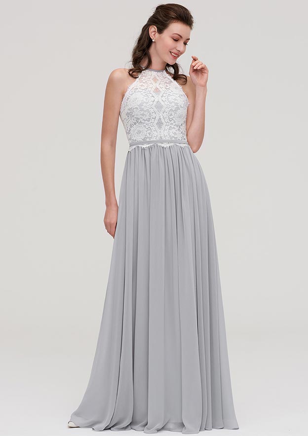 Floor-Length Chiffon Bridesmaid Dress, A-Line/Princess Cut, Scoop Neck, Sleeveless, With Lace Design BM bride