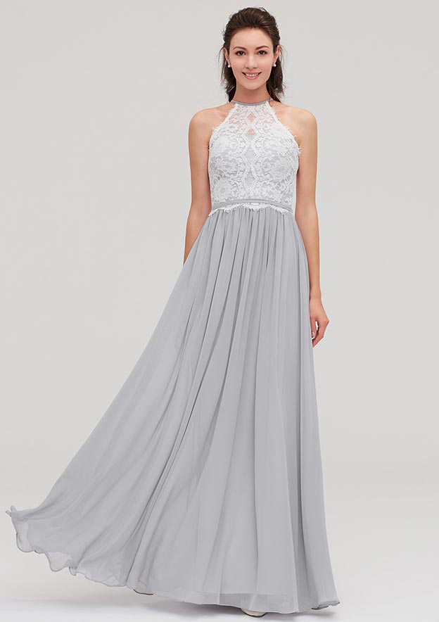 Floor-Length Chiffon Bridesmaid Dress, A-Line/Princess Cut, Scoop Neck, Sleeveless, With Lace Design BM bride