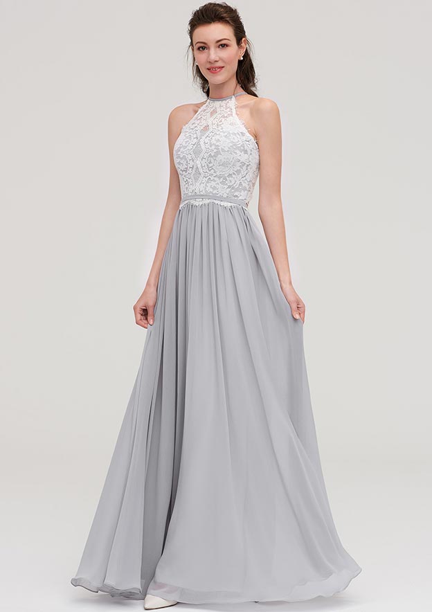 Floor-Length Chiffon Bridesmaid Dress, A-Line/Princess Cut, Scoop Neck, Sleeveless, With Lace Design BM bride