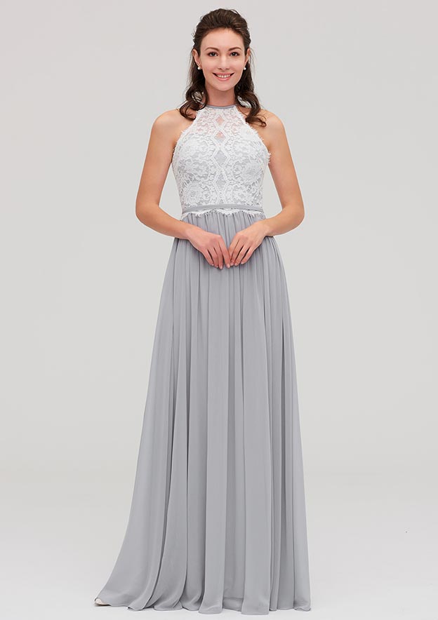 Floor-Length Chiffon Bridesmaid Dress, A-Line/Princess Cut, Scoop Neck, Sleeveless, With Lace Design BM bride