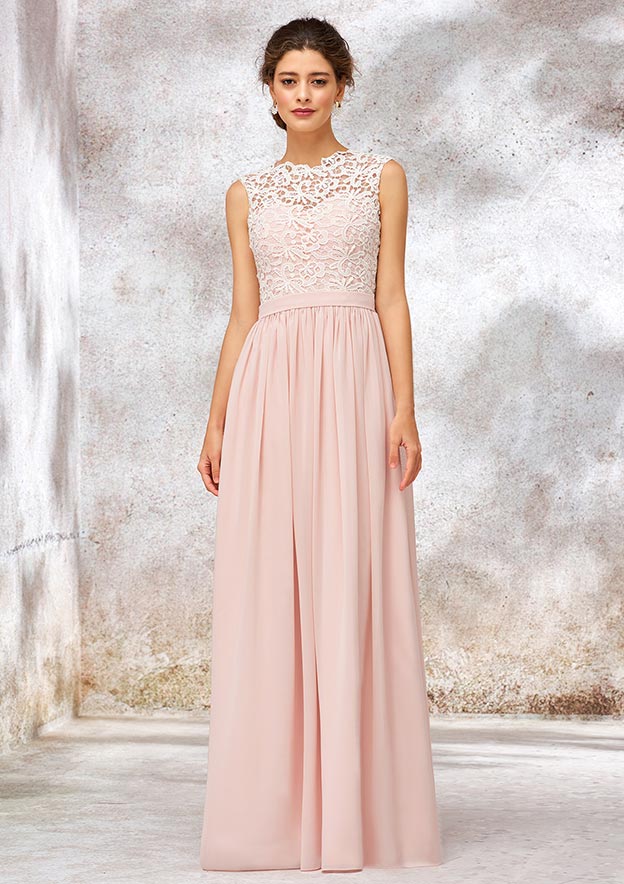 Floor-Length Chiffon Sexy Bridesmaid Dress, A-Line/Princess Cut, Scoop Neck, Sleeveless, With Lace BM bride