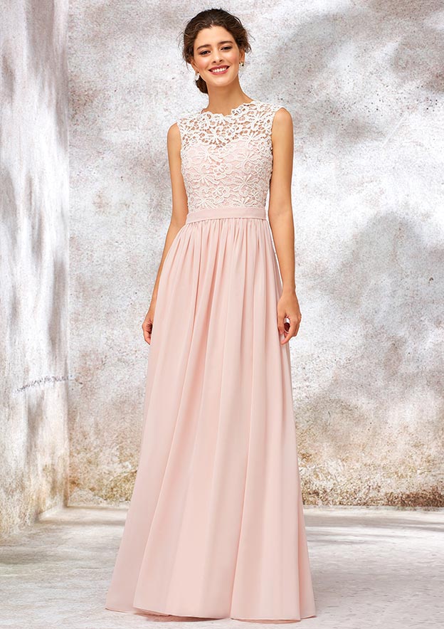 Floor-Length Chiffon Sexy Bridesmaid Dress, A-Line/Princess Cut, Scoop Neck, Sleeveless, With Lace BM bride